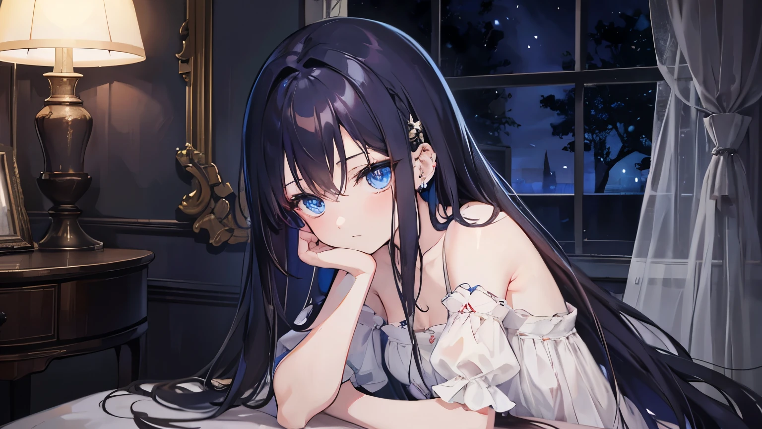 An anime-style beautiful girl with long, flowing dark hair and piercing blue eyes, sitting in a dimly lit room at night. She is wearing a delicate nightgown and is illuminated by the soft, warm light of a single candle on a wooden table. The room is filled with shadows, with only faint outlines of old furniture and a large window with moonlight streaming through partially drawn curtains. The girl has a contemplative expression, adding an air of mystery to the scene. The overall atmosphere is melancholic and serene, capturing the quiet solitude of the night.