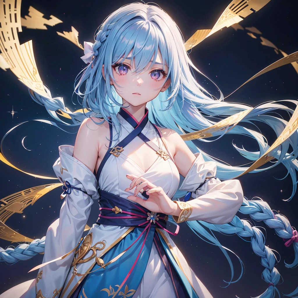 (Sky blue one braid hair),Pink Eyes,Fair skin ,(whole body),(One girl),Hanfu,(The beautiful, sparkling Milky Way in the night sky),Lonely Eyes,,(masterpiece, Highest quality, Very detailed, Best Shadow), (Detailed Background), (Beautifully detailed face), High Contrast, (Best lighting, Very delicate and beautiful), ((Cinematic Light)), colorful, Hyper Detail, Dramatic Light, Intricate details,