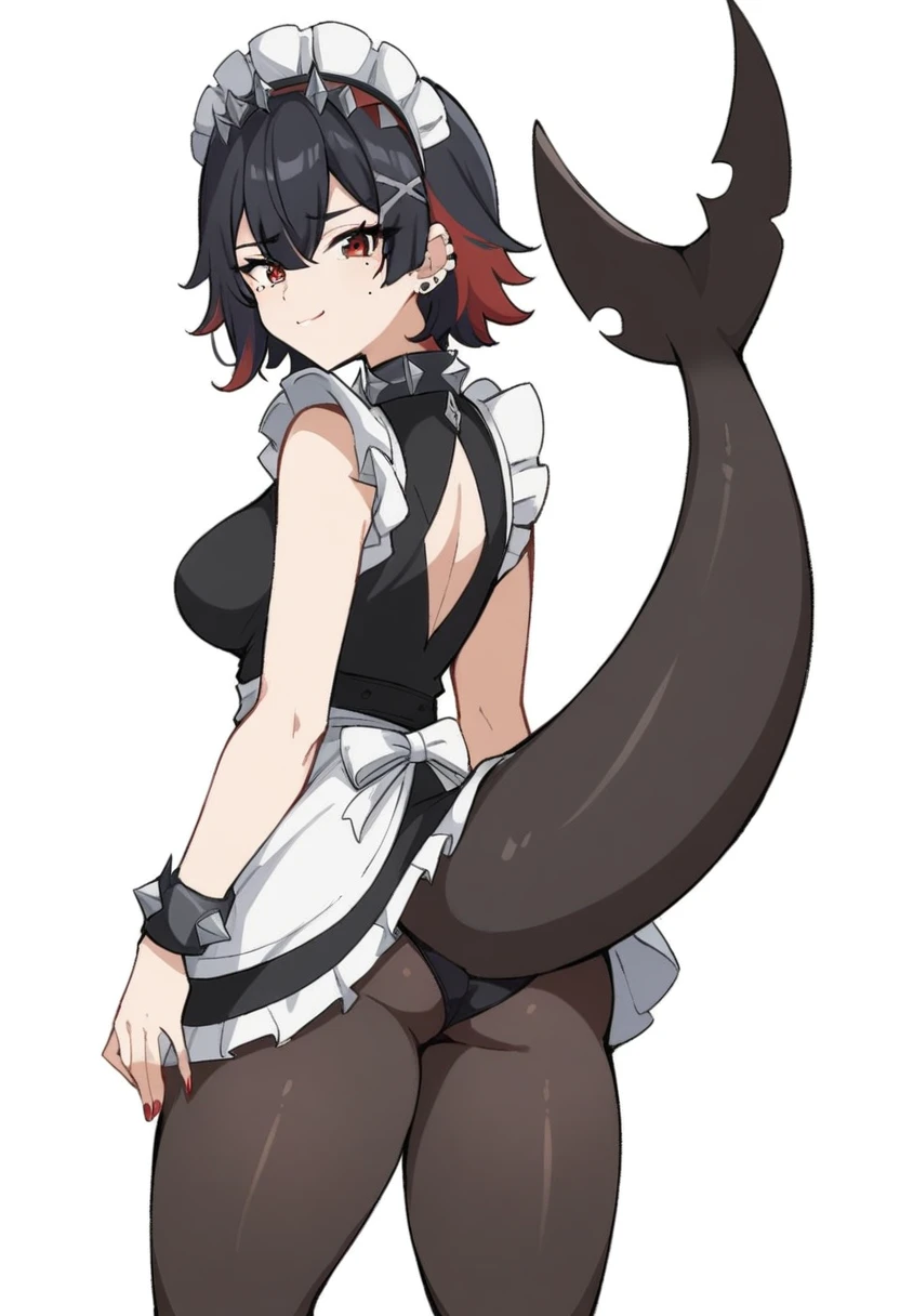 (anime art style:0.5), 2d, masterpiece, best quality, very aesthetic, absurdres, dynamic shadows, atmosferic, ellen_joe, genshin impact, (1girl), (solo), (black hair), short hair, red locks, red eyes, detailed eyes, mole under eye, hair between eyes, bangs, medium breasts, curvy body, makeup, (one tail), fish tail, black pantyhose, spiked choker, spiked bracelet, spiked headress, x hair ornament, ear piercing, red nail polish, maid, maid headress, white apron, black dress, puffy short sleeves, frilled wristband, covered collarbone, black high heels, parted skirt, black panties, (sexy smile), (cowboy shot), (standing), ((from back)), (spread legs), looking at viewer, (white background), (simple background)