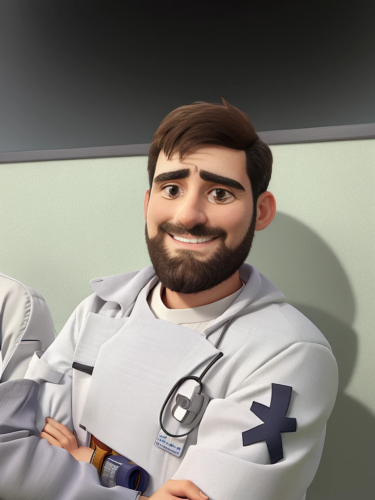 man in a white doctor's coat, smiling, with beard, dark bowl cut hair, arms crossed, white background