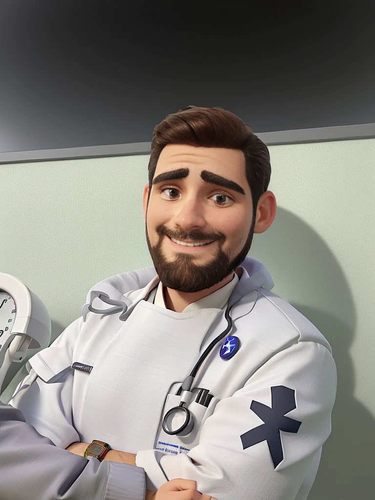 man in a white doctor's coat, smiling, with beard, dark bowl cut hair, arms crossed, white background