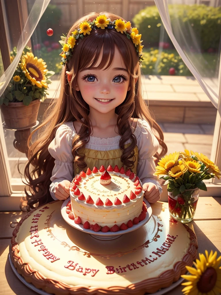 Best picture quality, detailed eyes, long eyelashes, fairy tale world, large decorated cake with lots of strawberries and fruit on it, laughing little 5 year old girl eating cake, happy smile, great smile, very pretty girl, long chestnut hair, surprisingly very large and roundshining eyes, a lively birthday party, yellow summer flowers blooming outside the window,