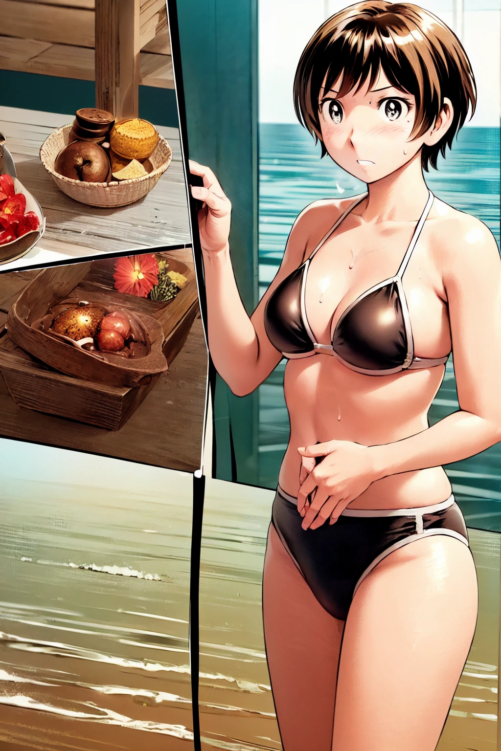 、(masterpiece、Highest quality)、Highest quality, Ultra-high resolution, (((masterpiece))), alone, Sweat、Big eyes, Composition from the front、Shortcuts、Embarrassed face、Bronze colored hair、Cut your hair short、Ocean、Beach、Black Micro Bikini、belly button、short hair、(Bronze colored hair)
