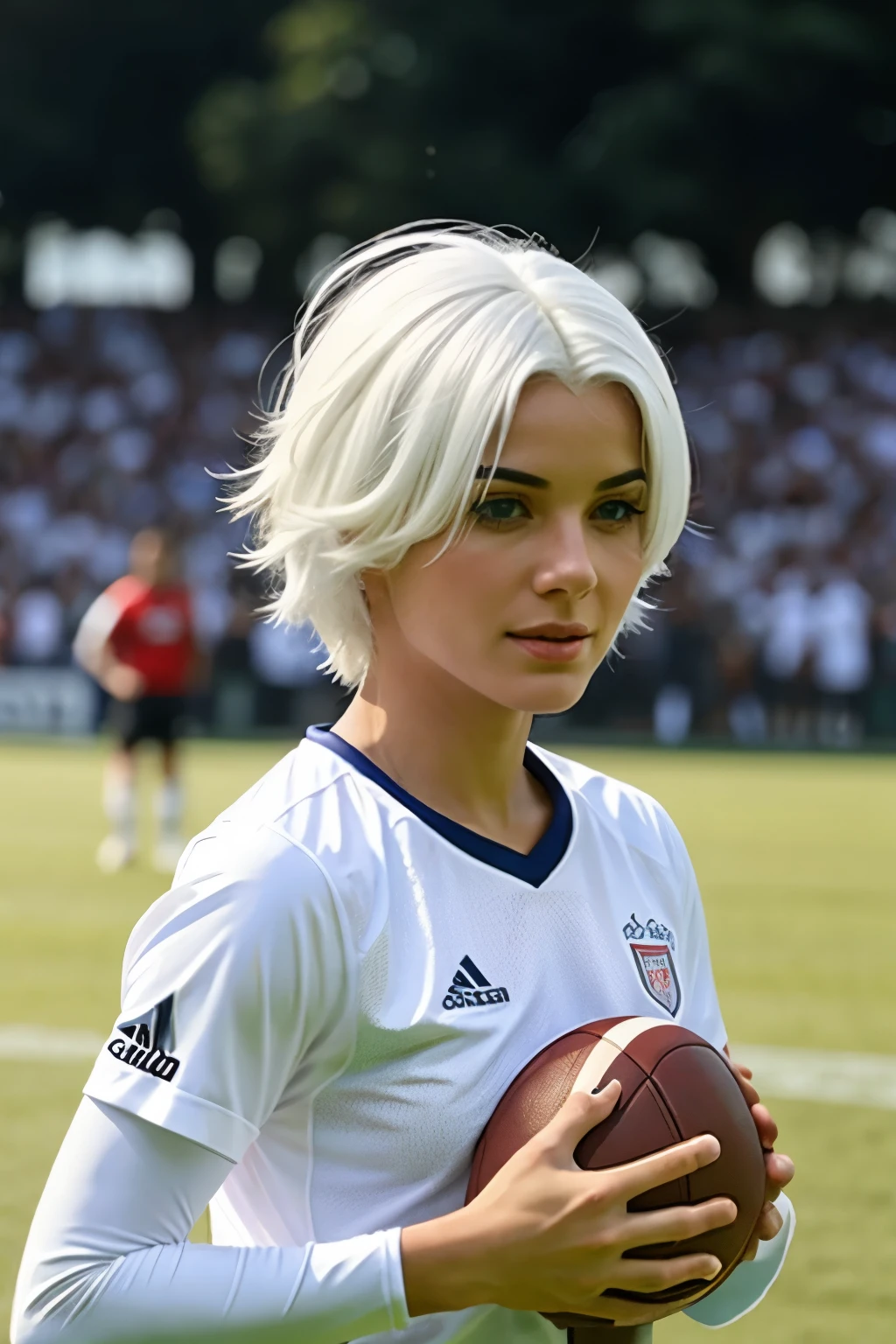 A women in white hair which play football