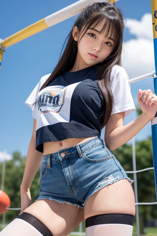 Highest quality、8K、Junior high school girl、Big Breasts、、Horizontal bar、Forward upward circling、High Kick、Horizontal barにぶら下がる、T-Shirts、Denim shorts,black knee high stockings、