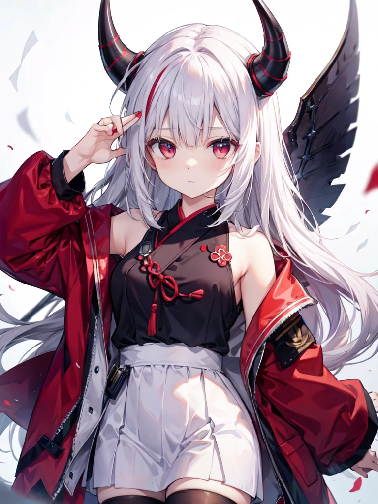 Nakiri Ayame, Ayama_default_outfit,red eyes, white hair, demon horns,