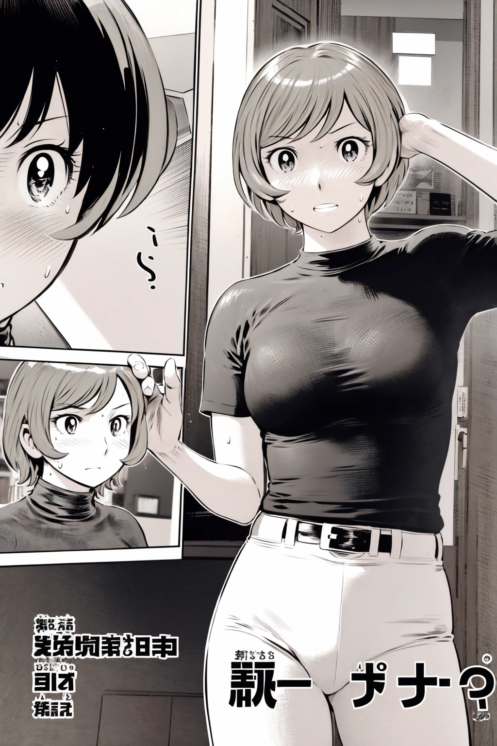 、(masterpiece、Highest quality)、Highest quality, Ultra-high resolution, (((masterpiece))), alone, Sweat、Big eyes,Tight black shirt、Tight white pants、belt、indoor、Composition from the front、(後ろCut your hair short、short hair、blonde、woman)、Shortcuts、Embarrassed face、Cut your hair short、可愛いwomanの子、Big Breasts、office