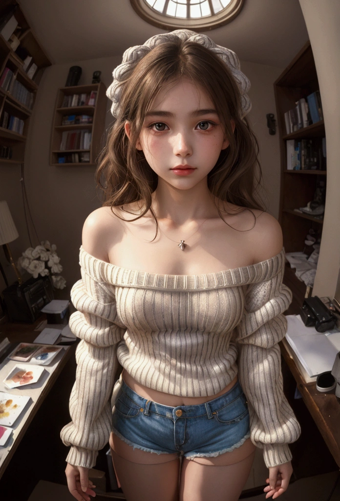 (), Big ,(Masterpiece), Best Quality, extremely detailed, (watercolor), Bloom, delicate and beautiful, illustration, (from below),(1 girl:1.4), (Alone:1.2), small breasts, (ribbed sweater:1.3), suéter con bare shoulders, (Short shorts:1.2), bare shoulders, (under the chest), ((Dark skin:0.8)), pretty eyes, (messy hair ), Photography, Over the shoulder shot, by Alex Maleev, professional, canon camera, nikon camera, sharp, bokeh, Studio quality, fisheye lenses, by Robert Capa ,