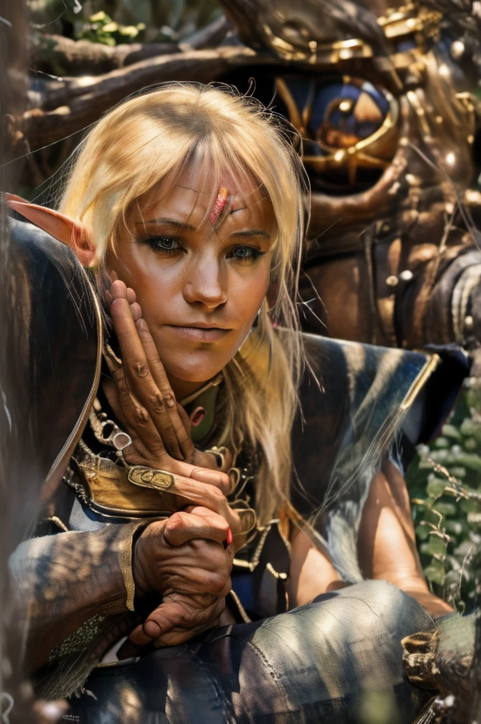 1girl, blond elf Deedlit from Record of Lodoss War, sitting gracefully on an ancient stone bench, playing her lute, long hair and cloak gently fluttering in the soft breeze, dappled sunlight, detailed face and eyes, extremely detailed intricate ornate details, (best quality,4k,8k,highres,masterpiece:1.2),ultra-detailed,(realistic,photorealistic,photo-realistic:1.37),fantasy,cinematic lighting,warm color tones,detailed wood texture,highly detailed stone texture,cinematic composition,intricate detailed background