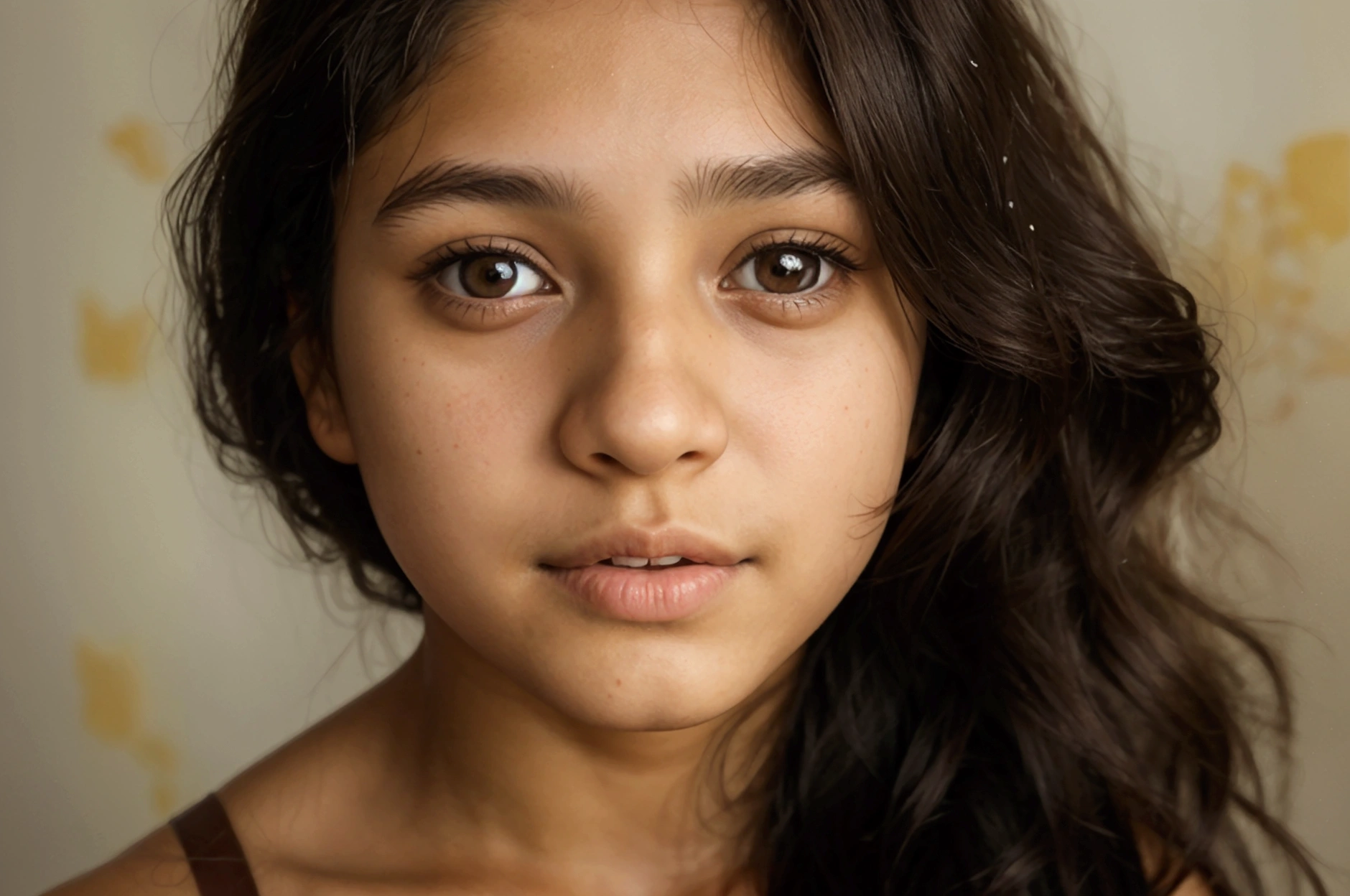 a old Colombian girl, long dark hair, Brown eyes, whole body, naked, Big bust, natural light, 8k, realist.