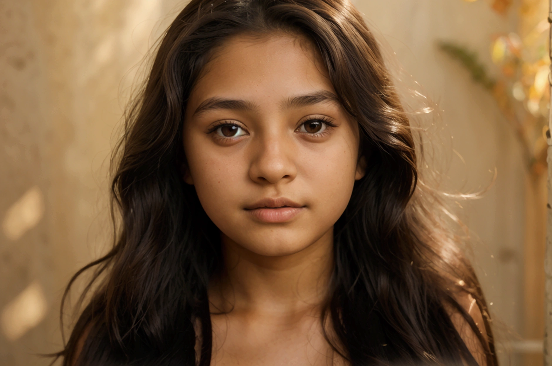 a 12 year old Colombian girl, long dark hair, Brown eyes, whole body, naked, Big bust, natural light, 8k, realist.