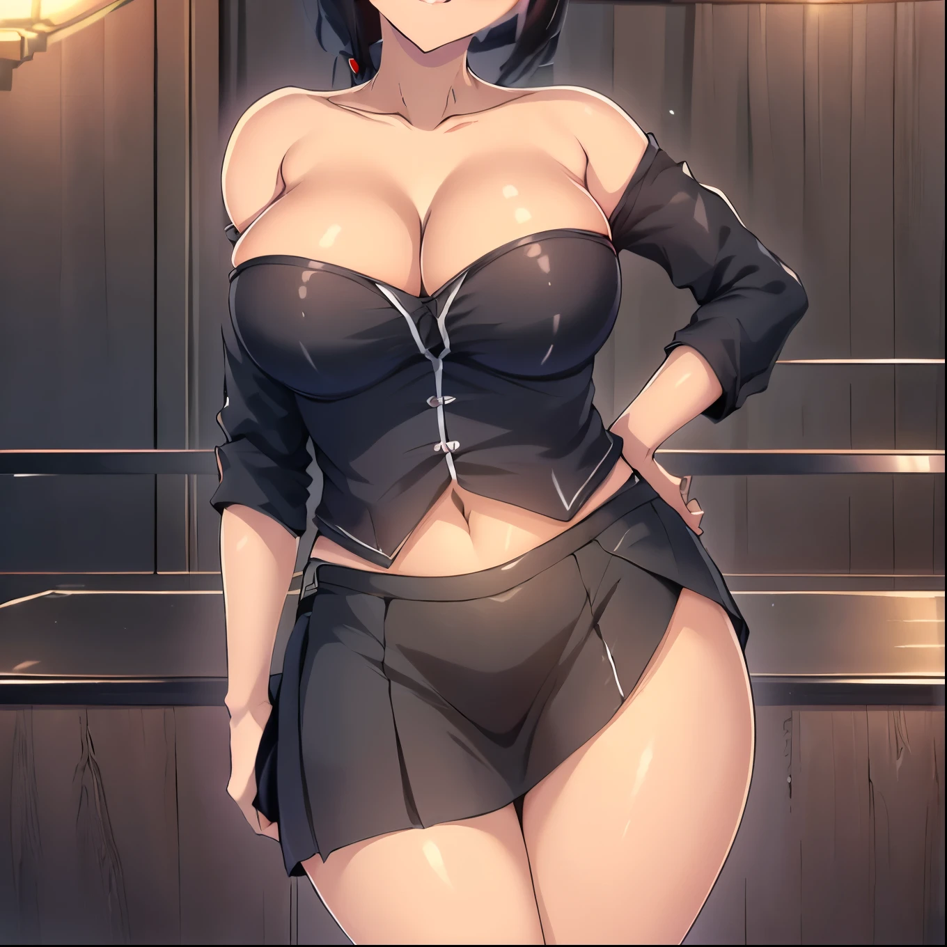 (hentai, risqué, High resolution, 8K, Extremely detailed, Sexy waitress, Ultra HD, Ultra-detailed, Anime style screen cap: 1.3, Anime colours: 1.2)

long legs, (She works as a secretary in an office), (Black hair, wavy and shoulder-length), (emphasizing cleavage), (leaning on hip), (Looking at the viewer with a seductive gaze), (Black miniskirt Knife pleated that barely covers her private areas), (high heels), (Red lipstick), (blushing cheeks), (sunlight from the bar illuminating her figure), (thick outlines, She works as a secretary in an office, A white tied shirt that exposes the stomach, a short black skirt knife pleatd, she looks at the viewer, she looks at me