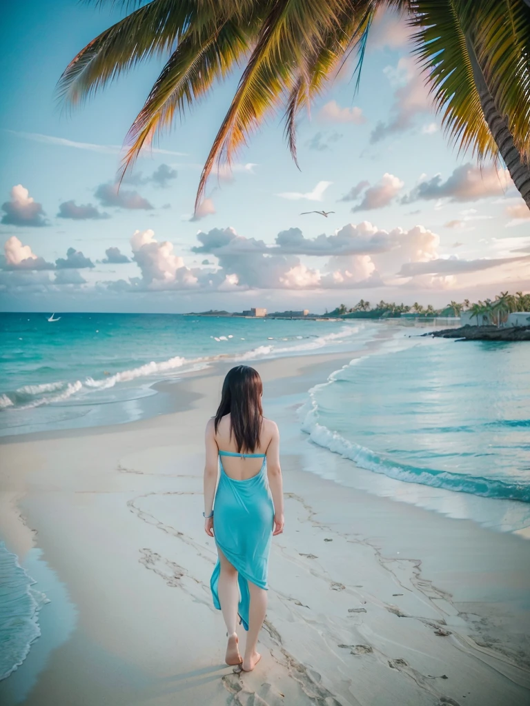 a women realestic on a breathtaking beach scene, crystal clear turquoise water, golden sand, swaying palm trees, seagulls flying overhead, serene peaceful atmosphere, dramatic lighting, vibrant colors, cinematic composition, intricate details, serene landscape, highly detailed, photorealistic, ultra-detailed, 8k, best quality, masterpiece