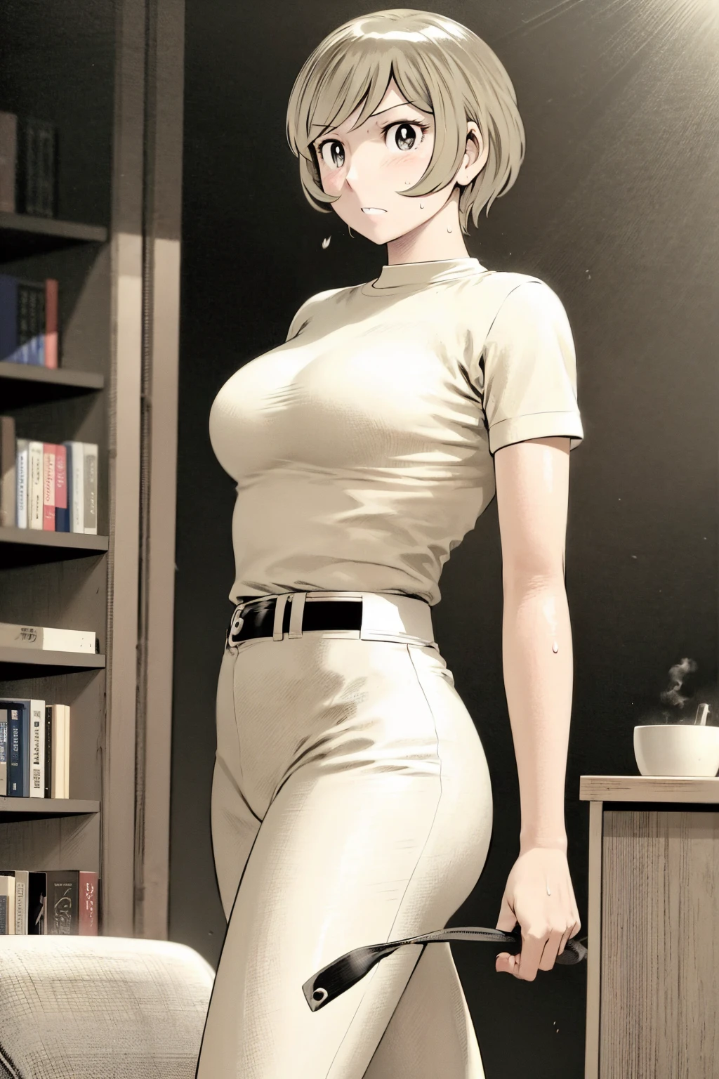 、(masterpiece、Highest quality)、Highest quality, Ultra-high resolution, (((masterpiece))), alone, Sweat、Big eyes,Tight black shirt、Tight white pants、belt、indoor、Composition from the front、(Cut the back hair short、short hair、blonde、woman)、Shortcuts、Embarrassed face、Cut your hair short、可愛いwomanの子、Big Breasts、office