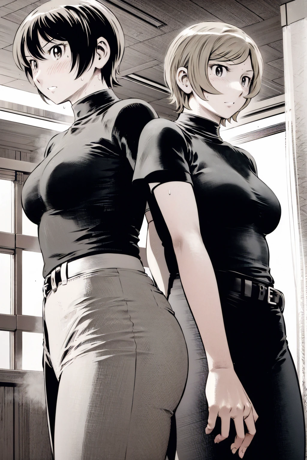 、(masterpiece、Highest quality)、Highest quality, Ultra-high resolution, (((masterpiece))), alone, Sweat、Big eyes,office、Tight white dress shirt、Tight black suit、Tight black pants、indoor、Composition from the front、(Cut the back hair short、short hair、blonde、woman)、Shortcuts、Embarrassed face、Cut your hair short、可愛いwomanの子、Big Breasts、officeレディ、