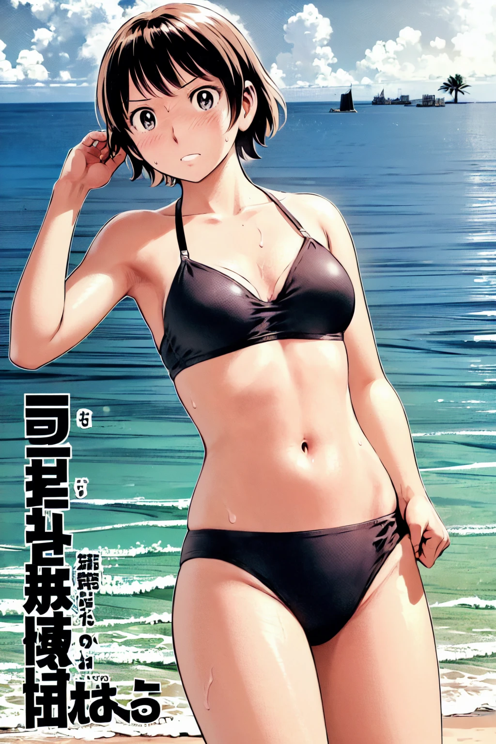 、(masterpiece、Highest quality)、Highest quality, Ultra-high resolution, (((masterpiece))), alone, Sweat、Big eyes, Composition from the front、Shortcuts、Embarrassed face、Bronze colored hair、Cut your hair short、Ocean、Beach、Black Micro Bikini、belly button、short hair、(Bronze colored hair)