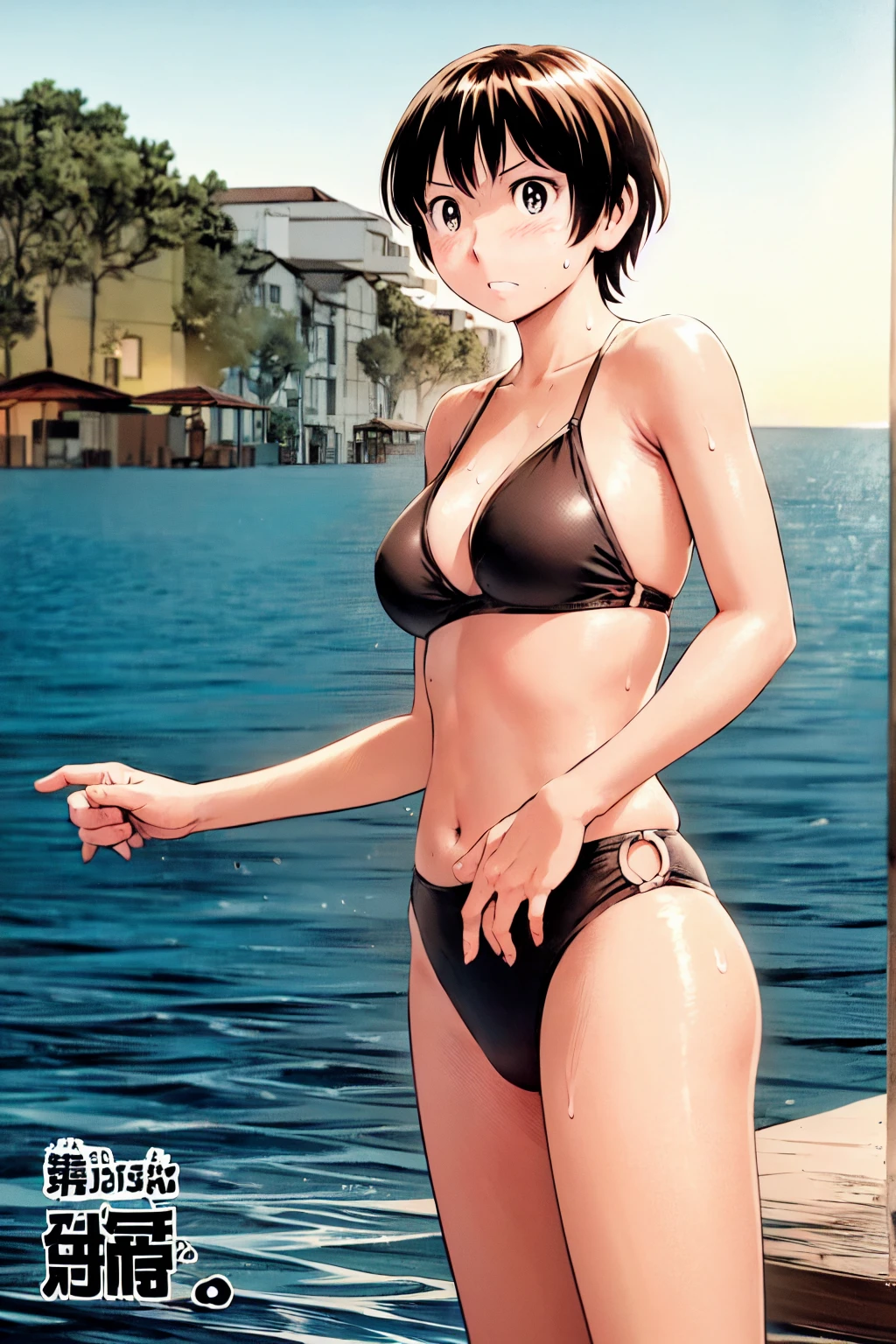 、(masterpiece、Highest quality)、Highest quality, Ultra-high resolution, (((masterpiece))), alone, Sweat、Big eyes, Composition from the front、Shortcuts、Embarrassed face、Bronze colored hair、Cut your hair short、Ocean、Beach、Black Micro Bikini、belly button、short hair、(Bronze colored hair)