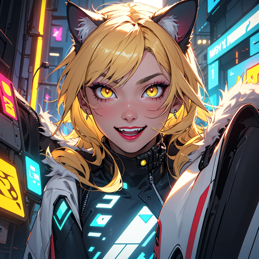cyberpunk_cat_women, human face, black_neon_Long_hair_(fur)_(cat-nose), ((white-skin)) ((yellow-cat-eyes-iris)) ((yellow-cat-eyes)), digital, bright, color, real-life-photo, fur-hair, nomad, fur, claws ((human face)) animal ((fur skin)) ((fur color)) (cute), ((cyber)) (red lipstick), (makeup) ((happy)), large hair, view on one point, huge, low-angle shot, (cyberpunk) (cat-eyeball-pupil) ((anthropomorphic))