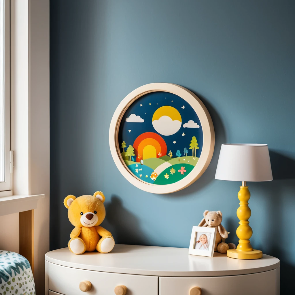 a photo inside of childrens room, a picture in a round frame on a nightstand, 12mm lens