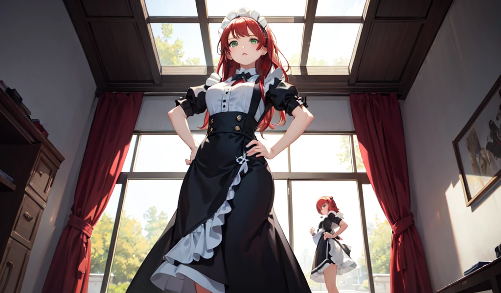 ((best quality)), ((masterpiece)), (detailed), 1girl, Beautiful and stylish maid in a bit of trouble,Angle from directly below,Hands on hips,Very attractive,Red hair,Beautiful green eyes,,There is a broken window nearby.