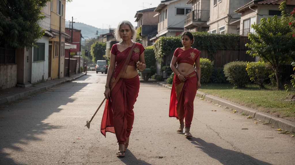 A tired an indian old woman(who is wearing red saree) walks with a stick,more realistic, background green hills, evening scene