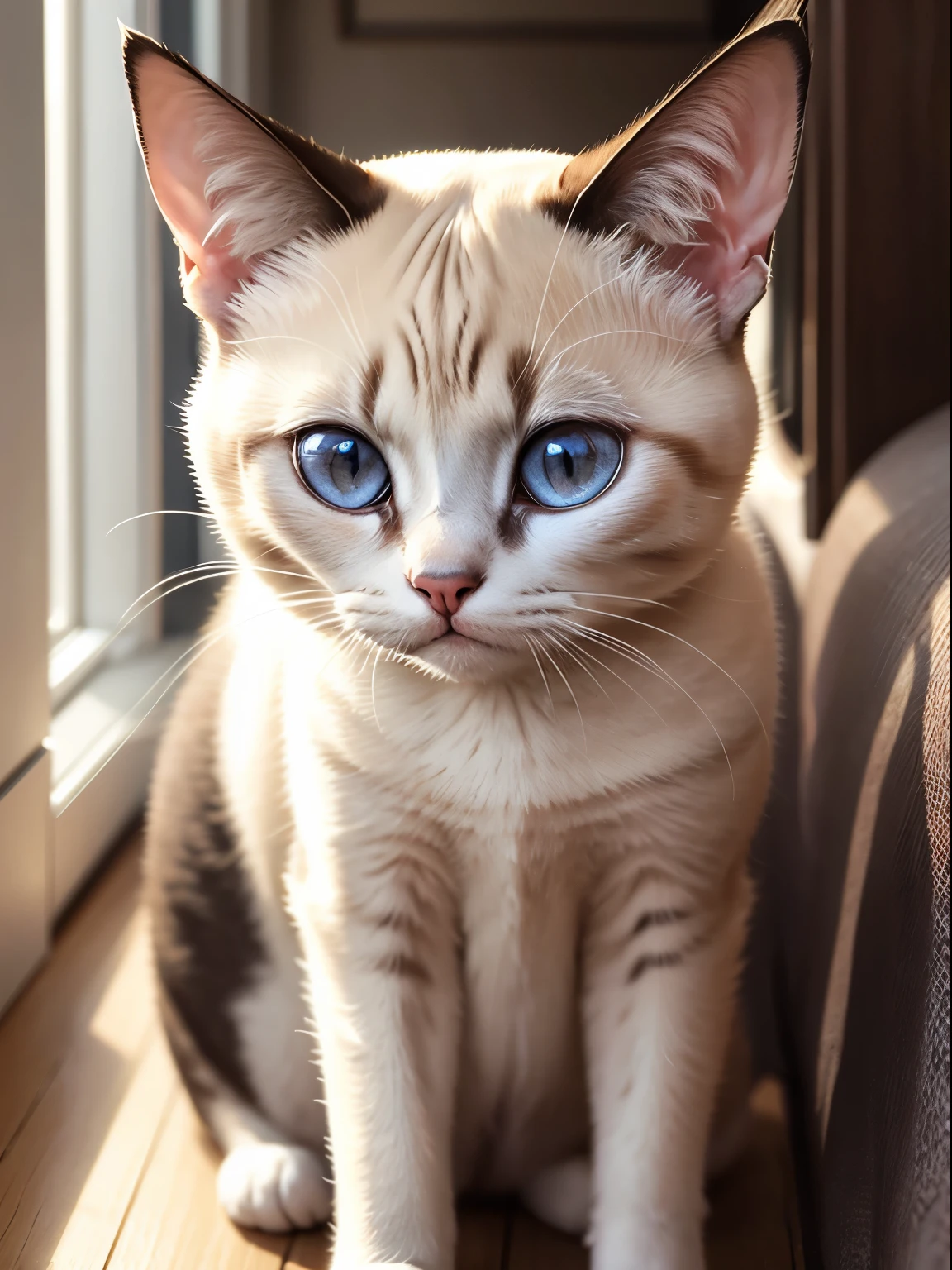 Siamese cat, house cat, close-up shot of face, sitting, white room, ears are small, dark hair, 