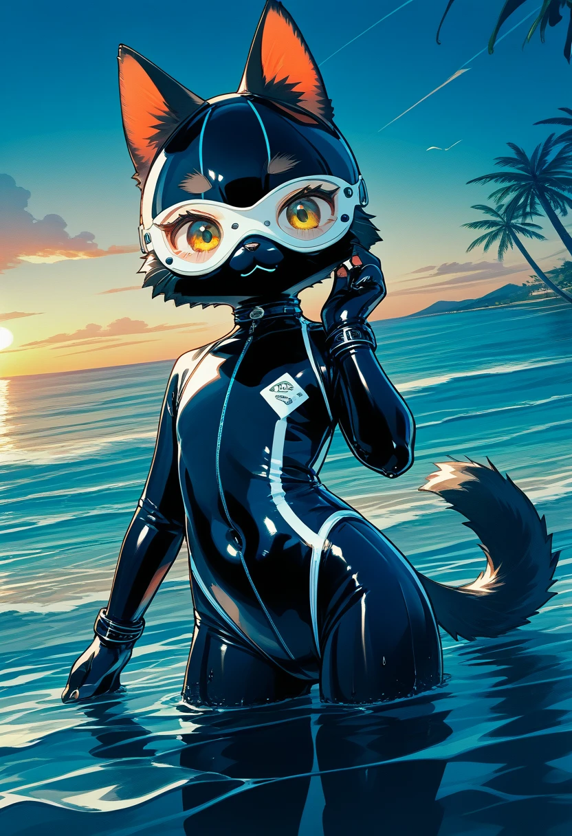 Highest quality, Highest quality, High quality illustrations, masterpiece, Ultra-high resolution, Detailed Background, beach, Absurd, Perfect Anatomy, performance, Good lighting, Shadows in the movies(kemono, Furry PersonifiCation), Cat, Black Skin, Rubber suit, Rubber suit, latex, neon, neonライト, neonカラー, Light blue rubber swimsuit, Rubber mask, juvenile, 