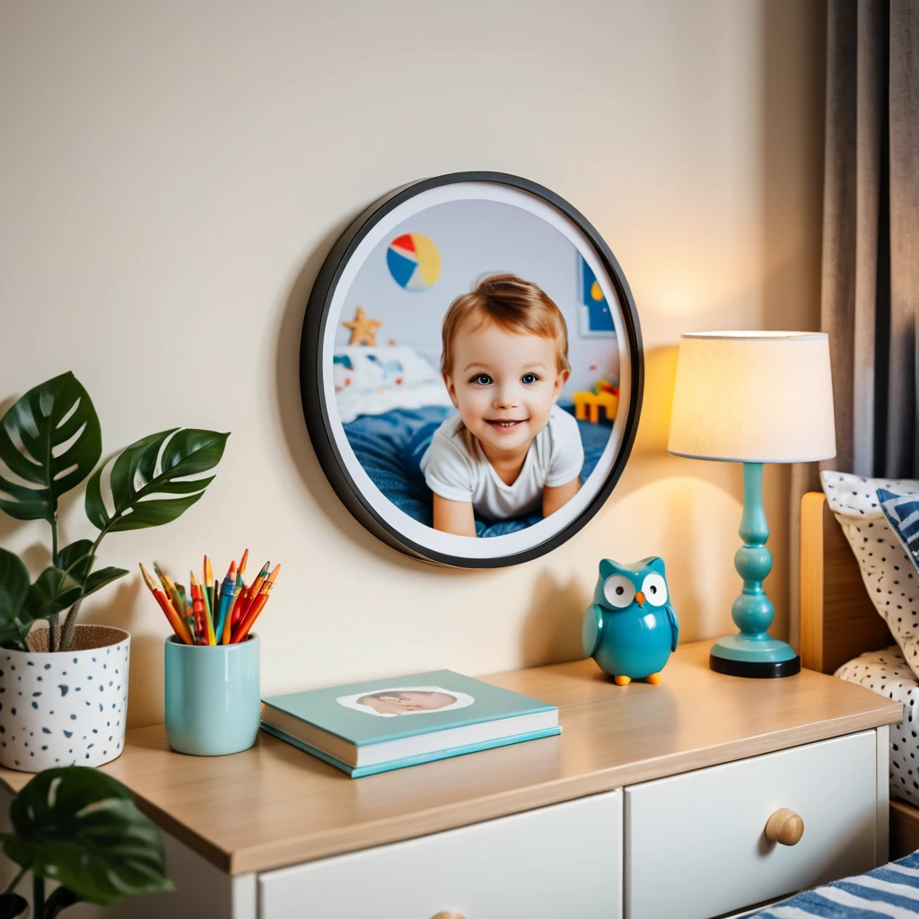 a photo inside of childrens room, a picture in a round frame on a nightstand, 50mm lens
