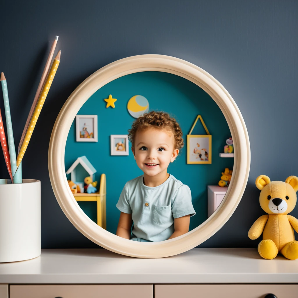 a photo inside of childrens room, a picture in a round frame on a nightstand, 50mm lens
