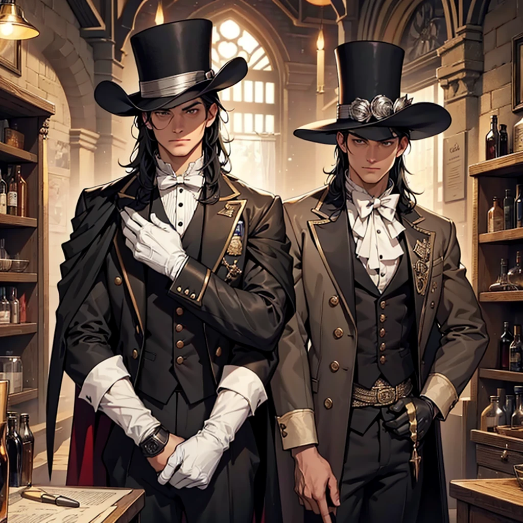 (high quality, 4k, full HD, rich details, small details, well-made face, well-made details, detailed clothing), man close to 25 years old, long black hair, English-style clothes during the industrial revolution period, clock pocket, short top hat, gloves, his clothes are black with silver and silver details, chic clothes, using cape, cloak, night setting, indoor setting, saloon setting, torch lighting.