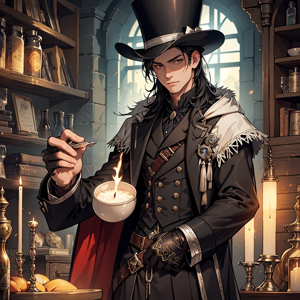 (high quality, 4k, full HD, rich details, small details, well-made face, well-made details, detailed clothing), man close to 25 years old, long black hair, English-style clothes during the industrial revolution period, clock pocket, short top hat, gloves, his clothes are black with silver and silver details, chic clothes, using cape, cloak, night setting, indoor setting, saloon setting, torch lighting.