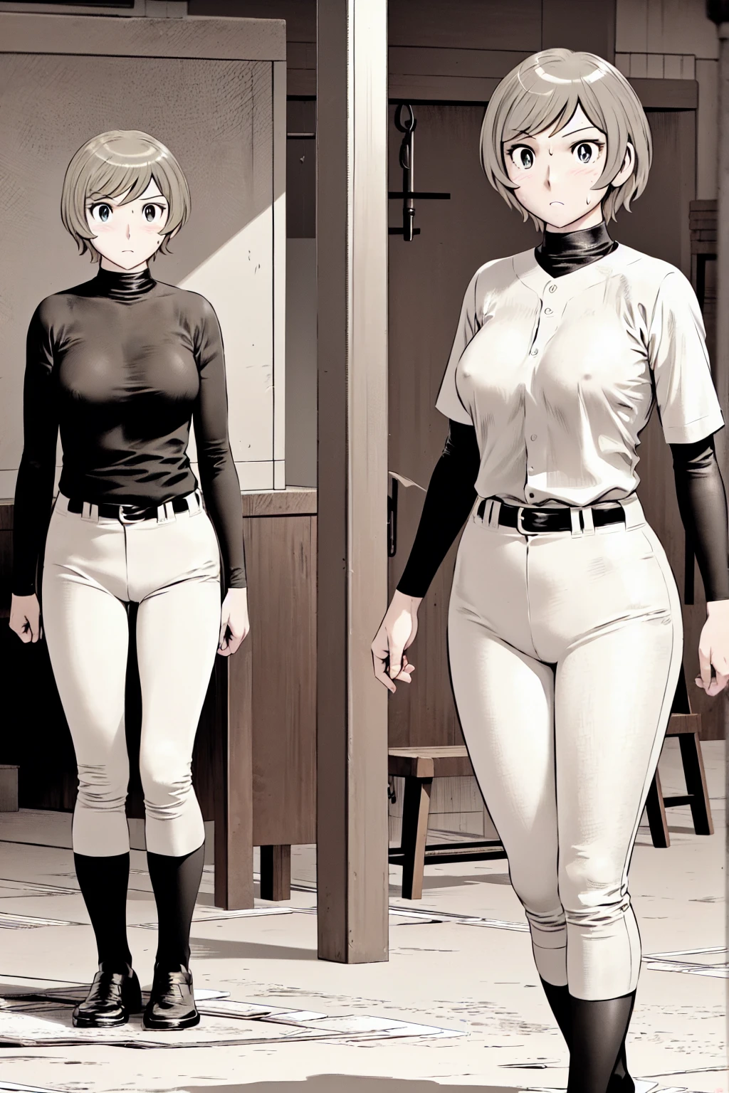 (野球uniform:1.2),
blonde, (short hair:1.2),Long sleeve, Black Shirt, turtleneck,White trousers、uniform、Black belt、((People illustrations))、big 、
View your audience,, (Highest quality:1.3),One Girl, White pants、uniform、Outdoor、baseball ground、ground、soil、blue eyes、Tight black shirt、(masterpiece、Highest quality)、Highest quality, Ultra-high resolution, (((masterpiece))), alone, Sweat、big eyes、big Breasts、Torn clothes、 Fully exposed、Nipples、One Girl, Front view、Embarrassed face、Bronze colored hair、((short hair))、Stand up straight、Cowboy Shot