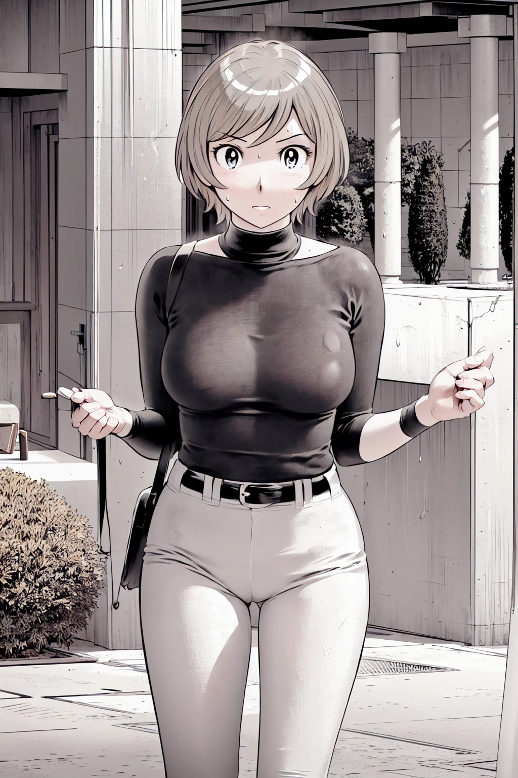 (野球uniform:1.2),
blonde, (short hair:1.2),Long sleeve, Black Shirt, turtleneck,White trousers、uniform、Black belt、((People illustrations))、big 、
View your audience,, (Highest quality:1.3),One Girl, White pants、uniform、Outdoor、baseball ground、ground、soil、blue eyes、Tight black shirt、(masterpiece、Highest quality)、Highest quality, Ultra-high resolution, (((masterpiece))), alone, Sweat、big eyes、big Breasts、Torn clothes、 Fully exposed、Nipples、One Girl, Front view、Embarrassed face、Bronze colored hair、((short hair))、Stand up straight、Cowboy Shot