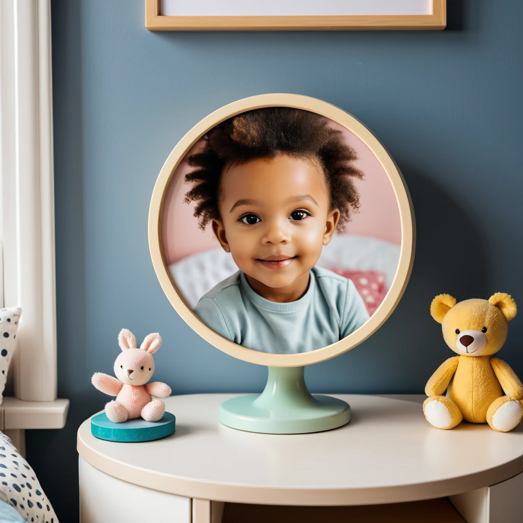 a photo inside of childrens room, a picture in a round frame on a nightstand, 120mm lens