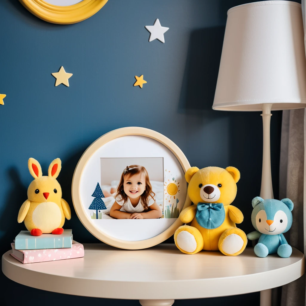 a photo inside of childrens room, a picture in a round frame on a nightstand, 120mm lens