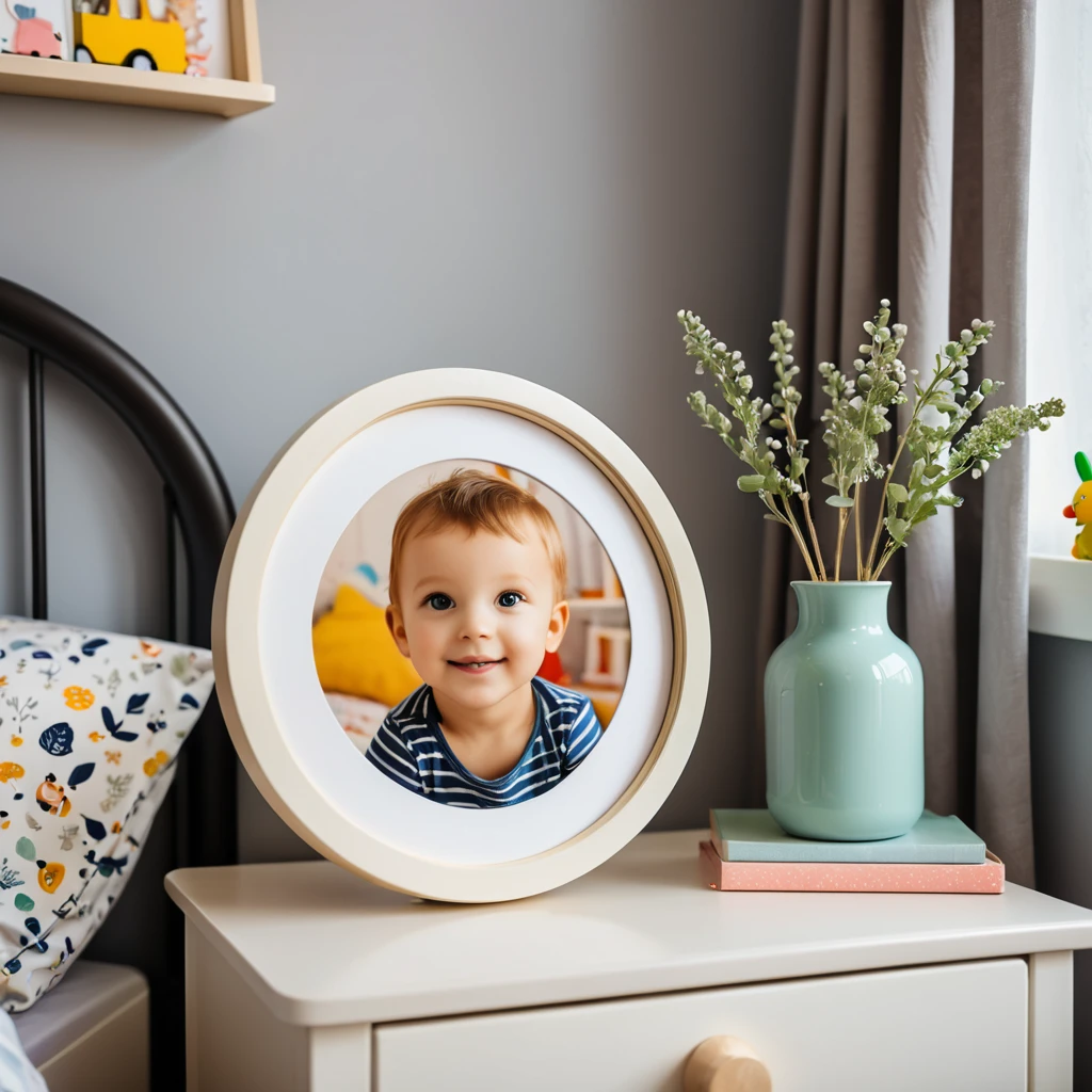 a photo inside of childrens room, a picture in a round frame on a nightstand, 120mm lens