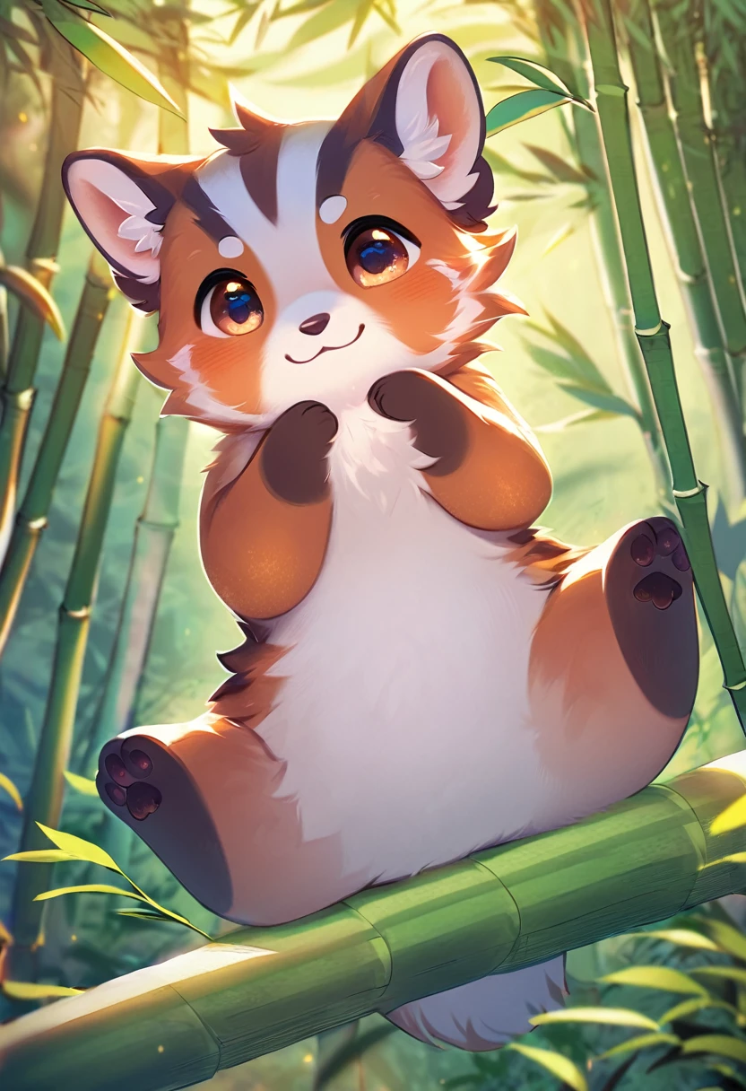 best quality, masterpiece, Ailurus fulgens in the bamboo forest, cute pose, fantasy forest world, gentle sparkling image effects