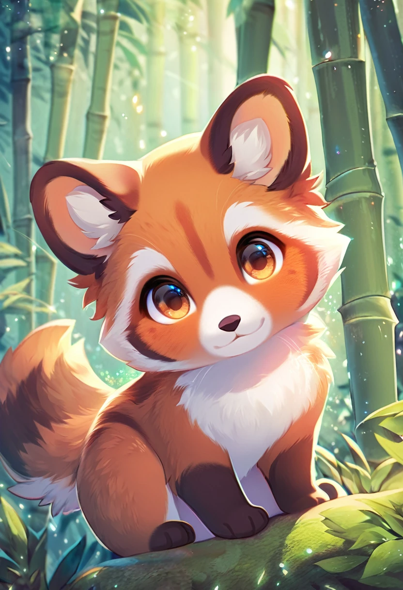 best quality, masterpiece, Ailurus fulgens in the bamboo forest, cute pose, fantasy forest world, gentle sparkling image effects
