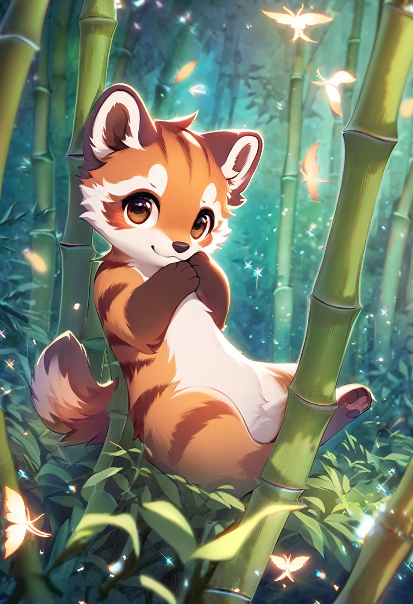 best quality, masterpiece, Ailurus fulgens in the bamboo forest, cute pose, fantasy forest world, gentle sparkling image effects