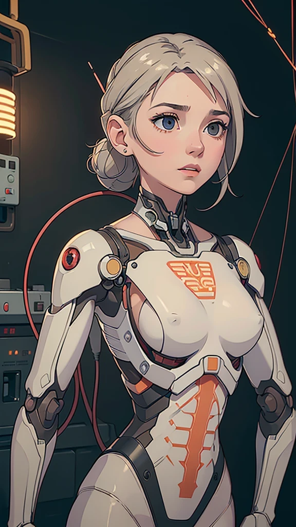 (((Masterpiece))), (((Best Quality))), ((ultra detailed)), (highly detailed CG illustration), ((an extremely delicate and beautiful)),(beautiful delicate face),cinematic light,((1 mechanical girl)),Alone,whole body,(machine made gaskets:1.4),((mechanical limbs)),(exploited muscles),(blood vessels connected to tubes),(A brain in a container:1.3),((mechanical vertebra attached to the back)),((mechanical cervical fixation to the neck)),((session)),Expressionless,(Wires and cables that attach to the head and body.:1.5),small breasts,short hair,(Character focus),Science fiction, (upper body, CG, UNITY, 8k, extremely detailed, the most beautiful artwork in the world, intricate details, high quality, hyper realistic, cinematic lighting, warm color palette, volumetric lighting, Photorealistic, masterpiece, vibrant colors, sharp focus)
