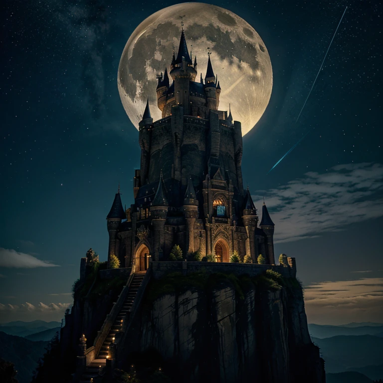 Big dragon castle on a high cliff , starry sky, full moon, dragon flying in the distance