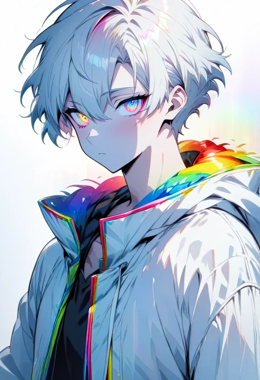[(WHITE BACKGROUND:1.5)], ((masterpiece)), high quality, ((solo)), ((1 younger boy)), (white color short hair), (rainbow color eye), bright skin, white parka, upper body, ((anime style)),