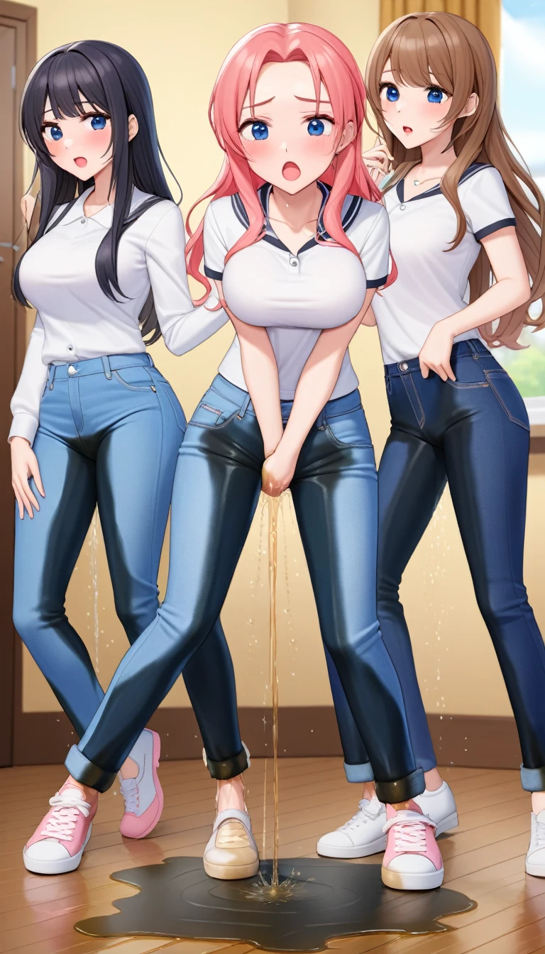 ((best quality, masterpiece:1.3, 8K)), (detailed), highly detailed face and skin texture, detailed eyes, full body, (slender body:1.1), (a group of 3 girls:1.5), 25 years old, white skin, bright lips, worried, embarrassed, panicking, long hair, (forehead:1.0), large , (jeans pants:1.2, blue jeans:1.2), (wetting themself:2.0), desperation:1.2,