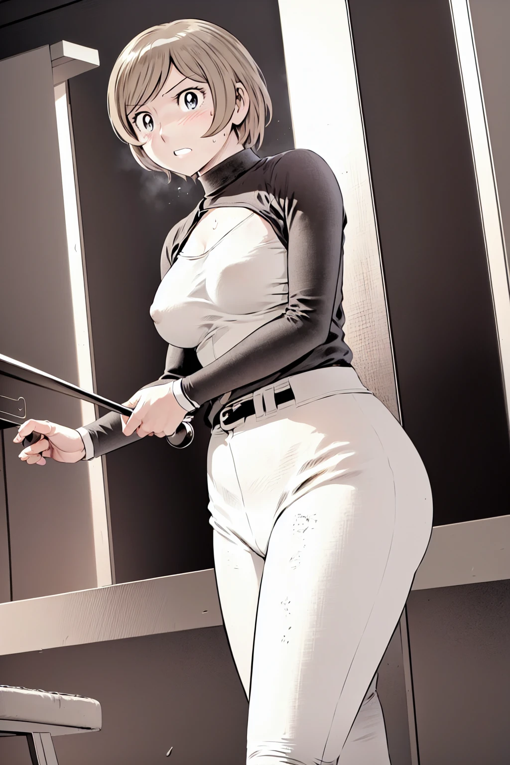 (野球uniform:1.2),
blonde, (short hair:1.2),Long sleeve, Black Shirt, turtleneck,White trousers、uniform、Black belt、((Illustration of people))、big 、
View your viewers,, (Highest quality:1.3),One Girl, White pants、uniform、Outdoor、baseball ground、ground、soil、blue eyes、Tight black shirt、(masterpiece、Highest quality)、Highest quality, Ultra-high resolution, (((masterpiece))), alone, Sweat、big eyes、big Breasts、Torn clothes、 Fully exposed、Nipples、One Girl, Front view、Embarrassed face、Bronze colored hair、((short hair))、Stand up straight、Cowboy Shot