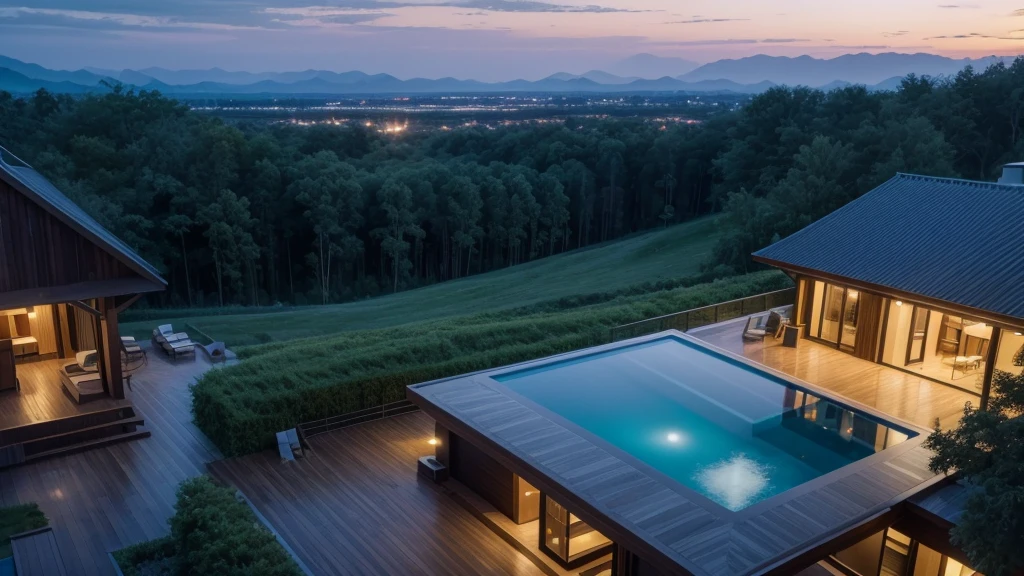 Resort with Zaha Hadid style tower with wood and metal texture, hotel with infinity pool, a twilight with sunset on the farm in high quality, cattle farm, 8k UHD