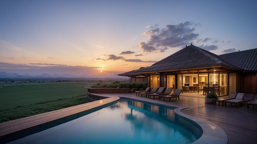 Resort with Zaha Hadid style tower with wood and metal texture, hotel with infinity pool, a twilight with sunset on the farm in high quality, cattle farm, 8k UHD