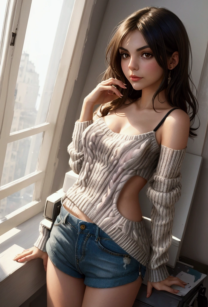 (Victoria justice), Big ,(Masterpiece), Best Quality, extremely detailed, (watercolor), Bloom, delicate and beautiful, illustration, (from below),(1 girl:1.4), (Alone:1.2), small breasts, (ribbed sweater:1.3), suéter con bare shoulders, (Short shorts:1.2), bare shoulders, (under the chest), ((Dark skin:0.8)), pretty eyes, (messy hair ), Photography, Over the shoulder shot, by Alex Maleev, professional, canon camera, nikon camera, sharp, bokeh, Studio quality, fisheye lenses, by Robert Capa ,