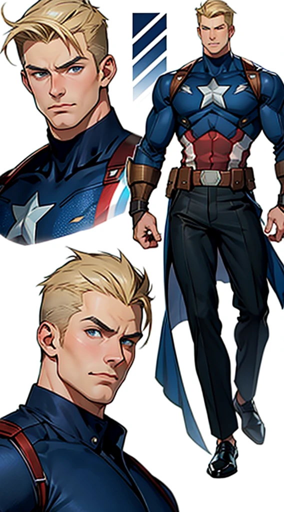 A model sheet of a muscular adult Captain America, short blond hair in a very light shade, shaved neck. He wears a suit style outfit with light beige, navy blue and white colors, black pants and black shoes. Wearing detailed gauntlets. In different poses, various face angles, facial expressions. 8k quality.