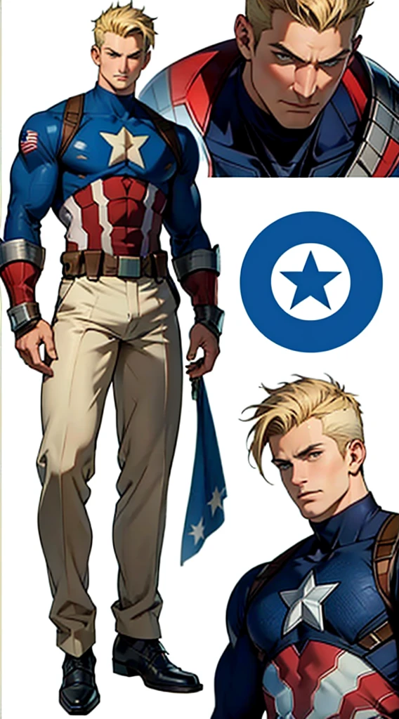 A model sheet of a muscular adult Captain America, short blond hair in a very light shade, shaved neck. He wears a suit style outfit with light beige, navy blue and white colors, black pants and black shoes. Wearing detailed gauntlets. In different poses, various face angles, facial expressions. 8k quality.