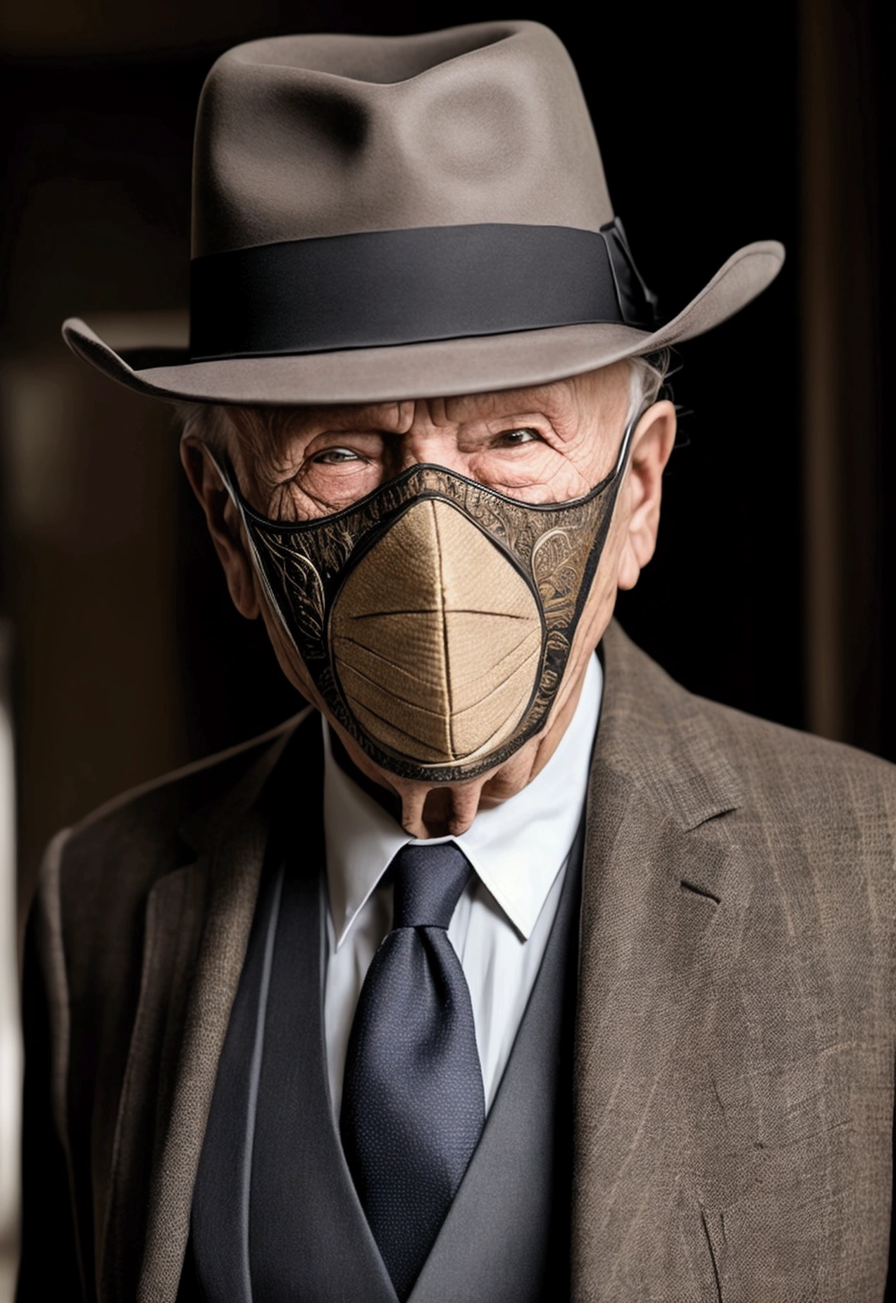 old man in a suit, only upper body, with a fedora , put a cool mask on his face and make him realistic